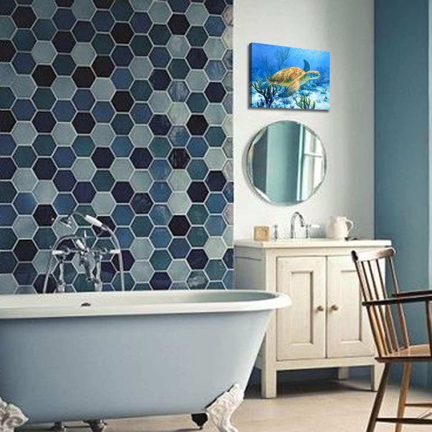 Sea Turtle Canvas Wall Art | Coastal Ocean Bathroom Decor