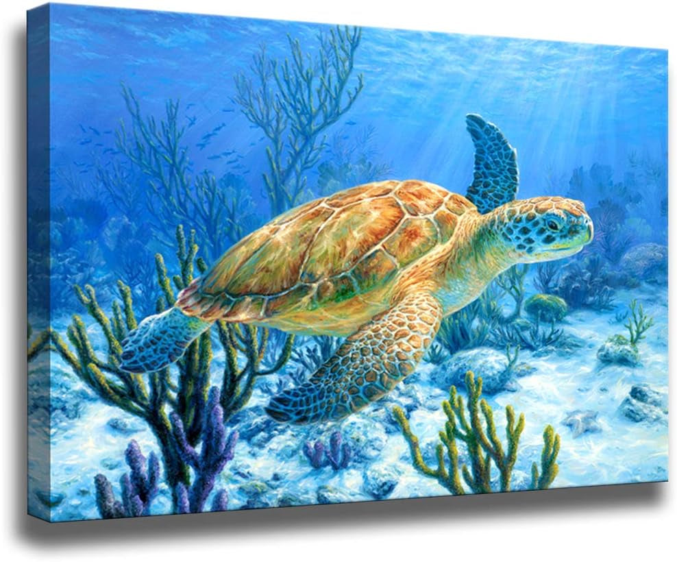 Sea Turtle Canvas Wall Art | Coastal Ocean Bathroom Decor