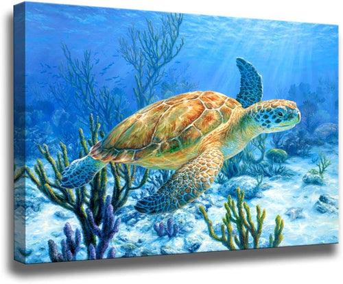 Sea Turtle Canvas Wall Art | Coastal Ocean Bathroom Decor