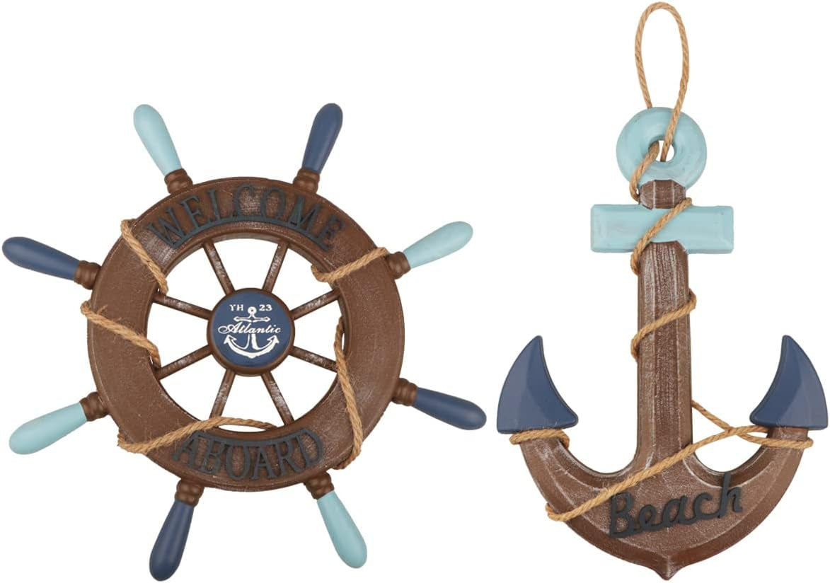Nautical Ship Wheel & Anchor Wall Decor Set | Coastal Beach Wall Art