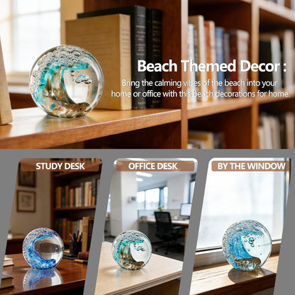 Hand Blown Ocean Wave Crystal Ball – Coastal Glass Beach Decor Sphere