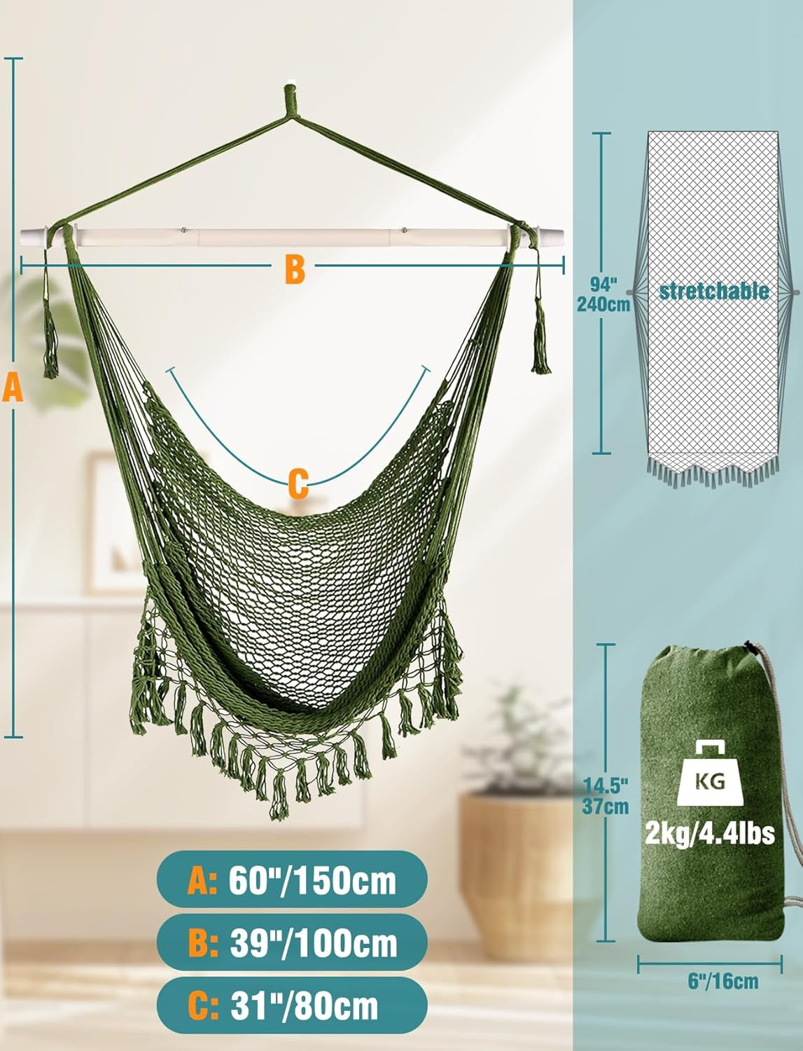 Handmade Hanging Hammock Chair | Cotton Rope Woven Swing Seat