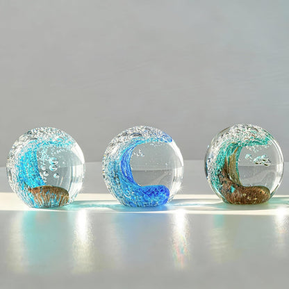 Hand Blown Ocean Wave Crystal Ball – Coastal Glass Beach Decor Sphere
