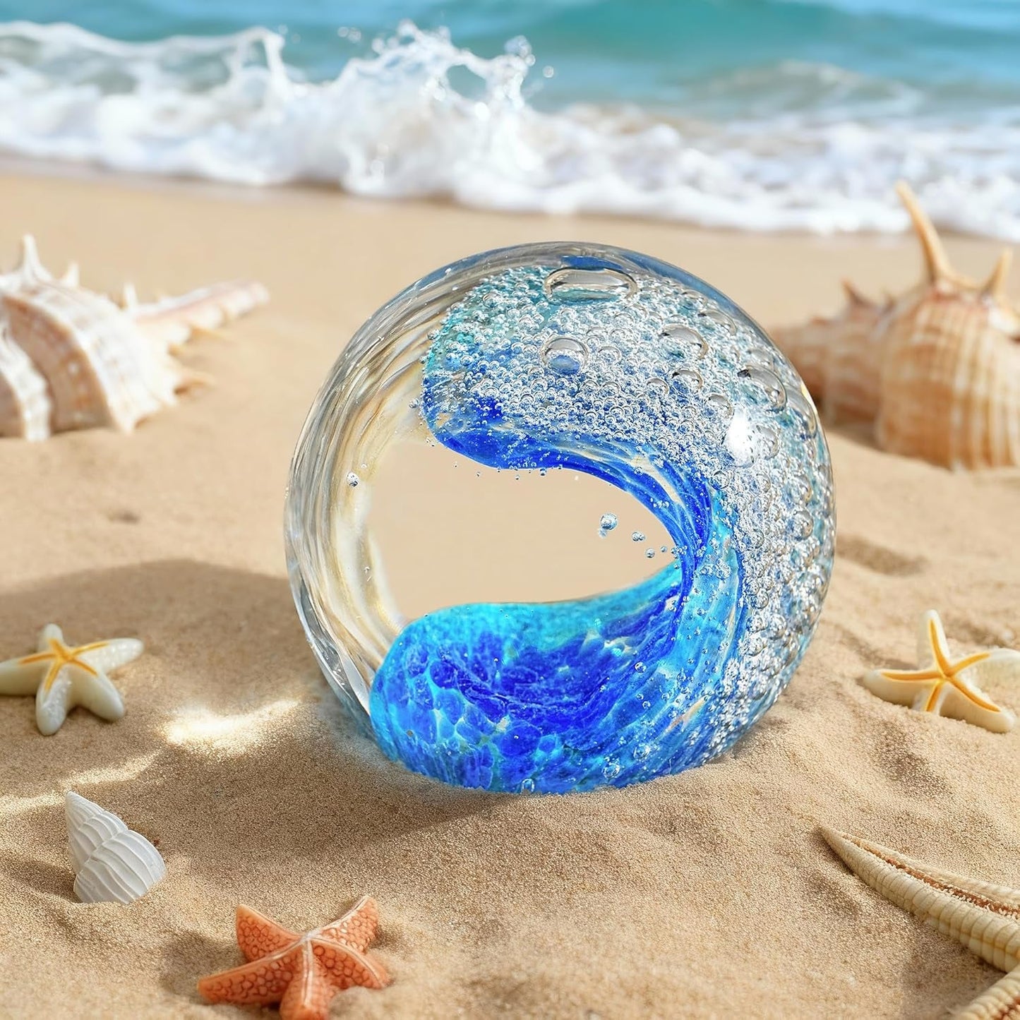 Hand Blown Ocean Wave Crystal Ball – Coastal Glass Beach Decor Sphere