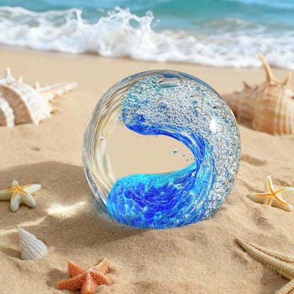 Hand Blown Ocean Wave Crystal Ball – Coastal Glass Beach Decor Sphere
