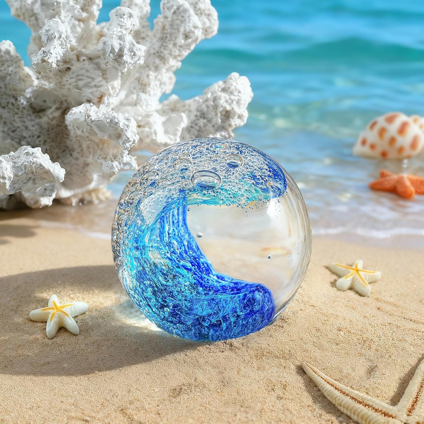 Hand Blown Ocean Wave Crystal Ball – Coastal Glass Beach Decor Sphere