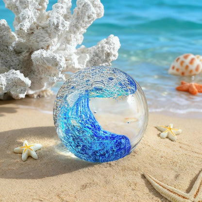 Hand Blown Ocean Wave Crystal Ball – Coastal Glass Beach Decor Sphere