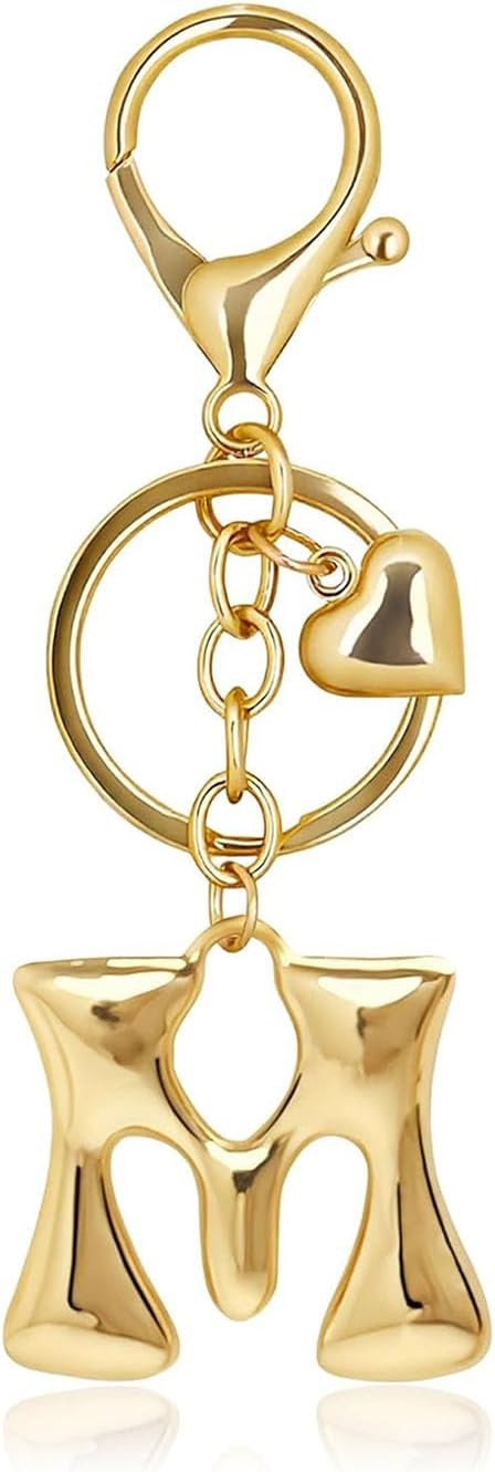 Gold Bubble Letter Keychain with Heart Charm, Cute Initial Bag Charms for Women, Hanging Purse Charm for Handbags