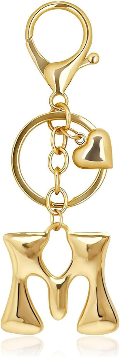 Gold Bubble Letter Keychain with Heart Charm, Cute Initial Bag Charms for Women, Hanging Purse Charm for Handbags