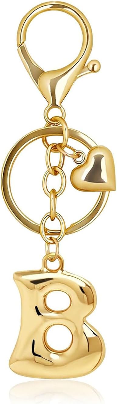 Gold Bubble Letter Keychain with Heart Charm, Cute Initial Bag Charms for Women, Hanging Purse Charm for Handbags