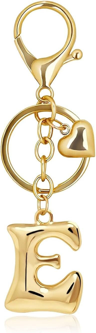 Gold Bubble Letter Keychain with Heart Charm, Cute Initial Bag Charms for Women, Hanging Purse Charm for Handbags