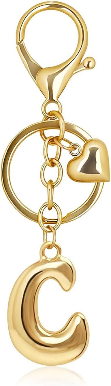 Gold Bubble Letter Keychain with Heart Charm, Cute Initial Bag Charms for Women, Hanging Purse Charm for Handbags