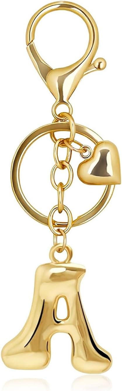 Gold Bubble Letter Keychain with Heart Charm, Cute Initial Bag Charms for Women, Hanging Purse Charm for Handbags