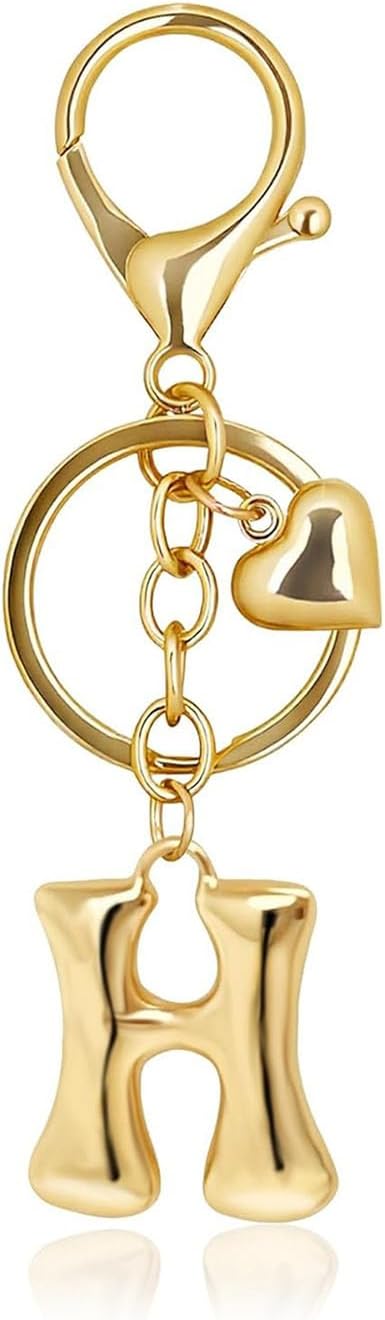 Gold Bubble Letter Keychain with Heart Charm, Cute Initial Bag Charms for Women, Hanging Purse Charm for Handbags