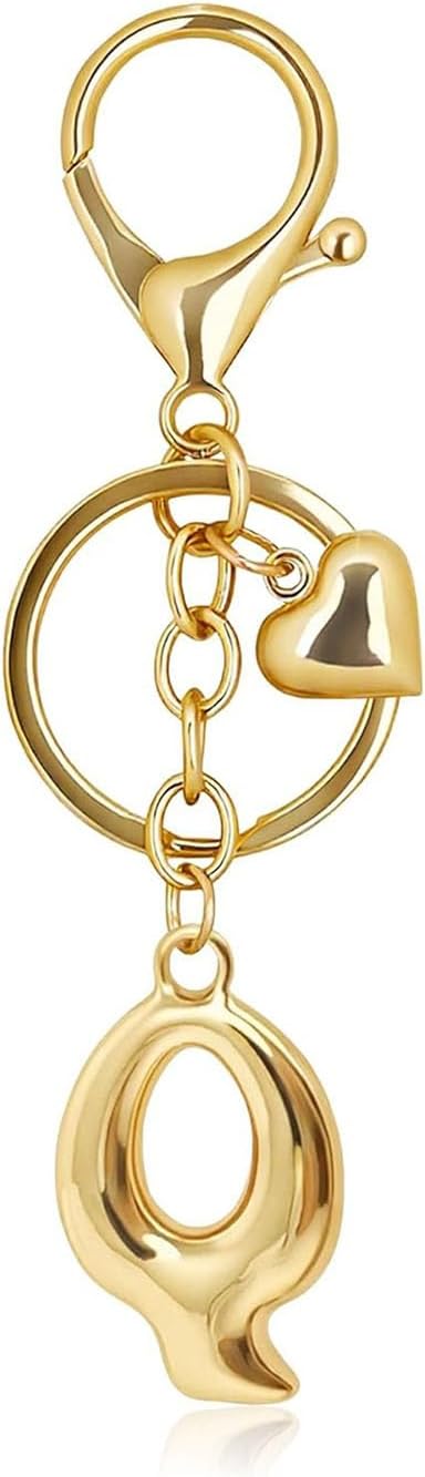Gold Bubble Letter Keychain with Heart Charm, Cute Initial Bag Charms for Women, Hanging Purse Charm for Handbags