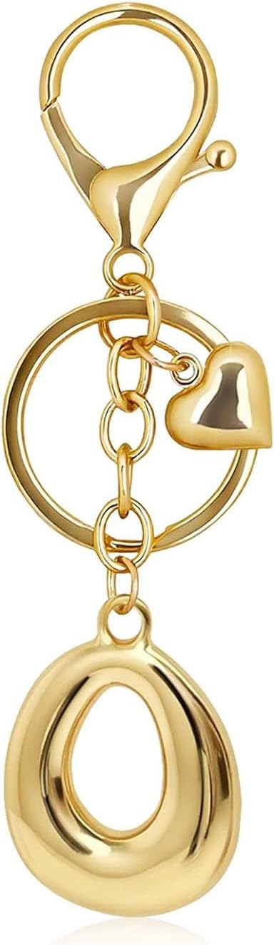 Gold Bubble Letter Keychain with Heart Charm, Cute Initial Bag Charms for Women, Hanging Purse Charm for Handbags