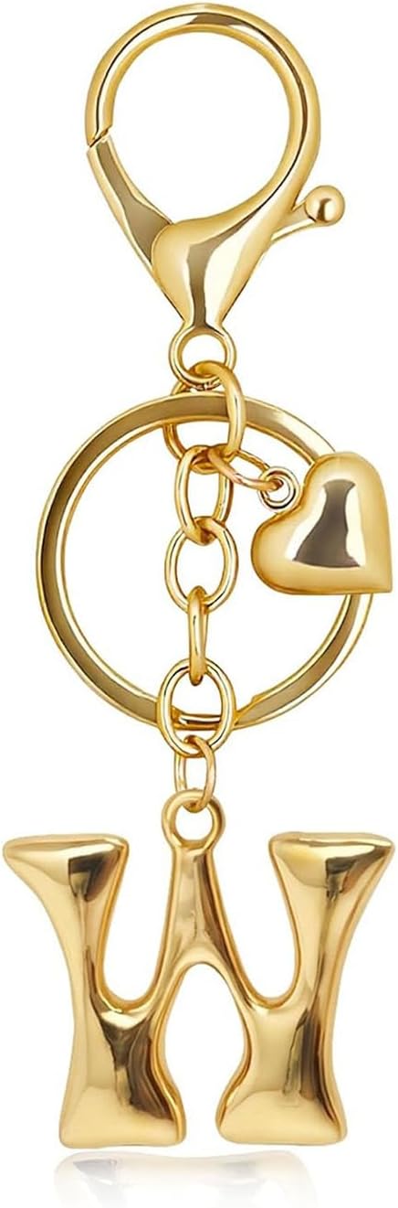 Gold Bubble Letter Keychain with Heart Charm, Cute Initial Bag Charms for Women, Hanging Purse Charm for Handbags