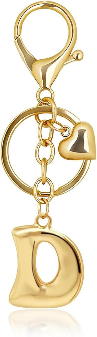 Gold Bubble Letter Keychain with Heart Charm, Cute Initial Bag Charms for Women, Hanging Purse Charm for Handbags
