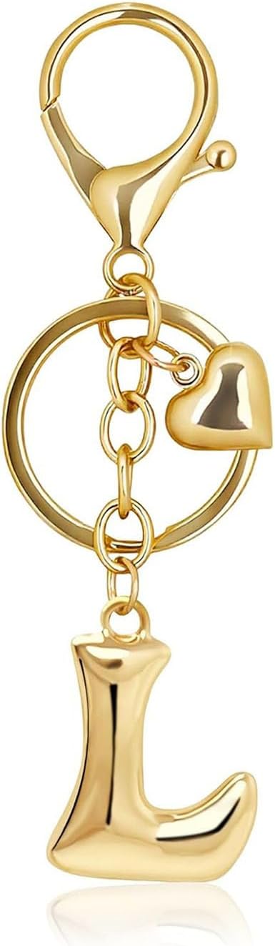 Gold Bubble Letter Keychain with Heart Charm, Cute Initial Bag Charms for Women, Hanging Purse Charm for Handbags