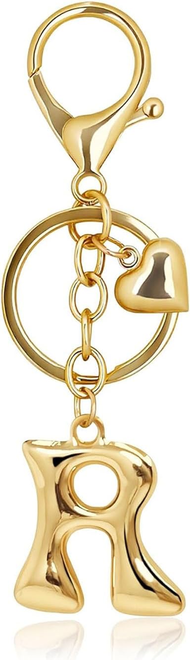 Gold Bubble Letter Keychain with Heart Charm, Cute Initial Bag Charms for Women, Hanging Purse Charm for Handbags