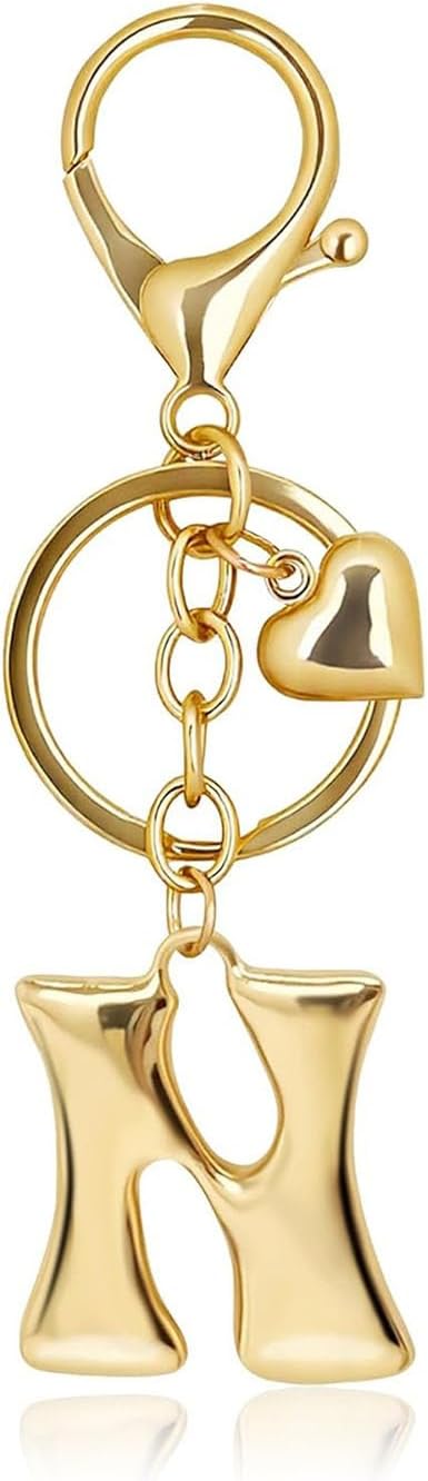 Gold Bubble Letter Keychain with Heart Charm, Cute Initial Bag Charms for Women, Hanging Purse Charm for Handbags