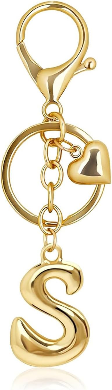 Gold Bubble Letter Keychain with Heart Charm, Cute Initial Bag Charms for Women, Hanging Purse Charm for Handbags