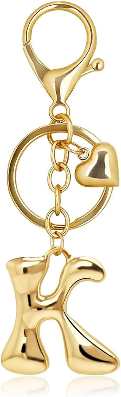 Gold Bubble Letter Keychain with Heart Charm, Cute Initial Bag Charms for Women, Hanging Purse Charm for Handbags