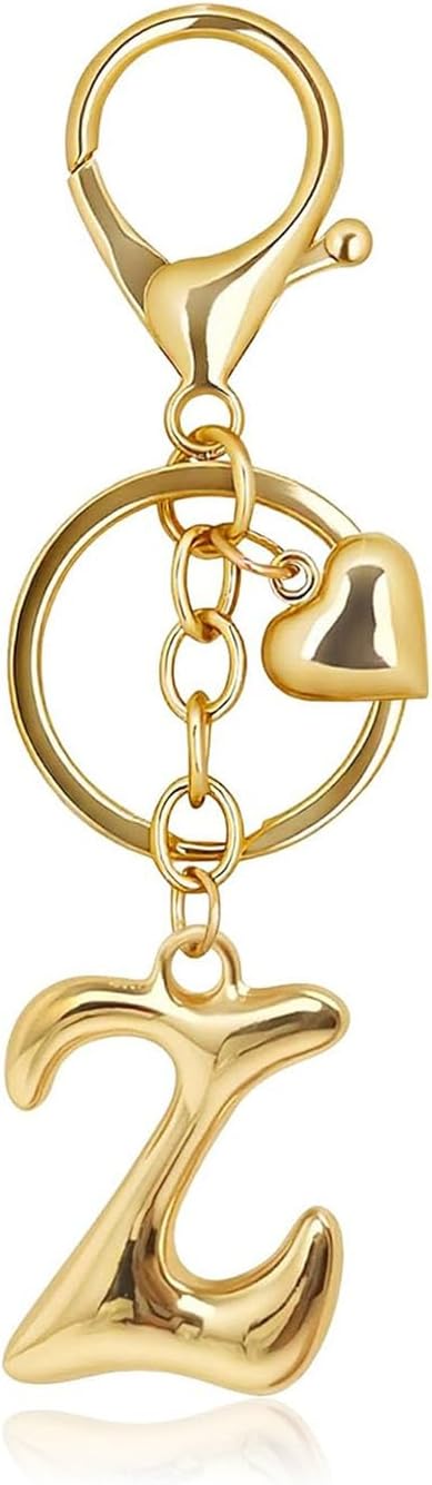 Gold Bubble Letter Keychain with Heart Charm, Cute Initial Bag Charms for Women, Hanging Purse Charm for Handbags