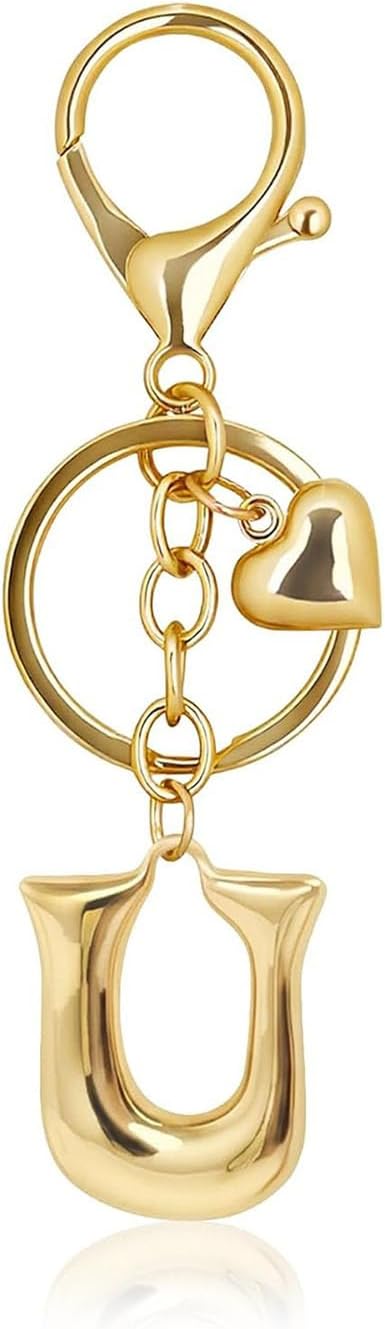 Gold Bubble Letter Keychain with Heart Charm, Cute Initial Bag Charms for Women, Hanging Purse Charm for Handbags