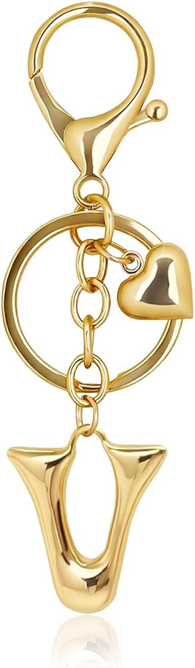 Gold Bubble Letter Keychain with Heart Charm, Cute Initial Bag Charms for Women, Hanging Purse Charm for Handbags