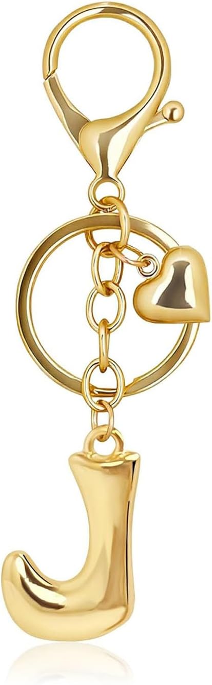 Gold Bubble Letter Keychain with Heart Charm, Cute Initial Bag Charms for Women, Hanging Purse Charm for Handbags