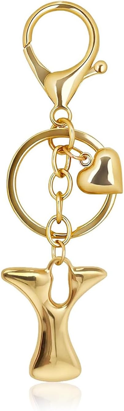 Gold Bubble Letter Keychain with Heart Charm, Cute Initial Bag Charms for Women, Hanging Purse Charm for Handbags