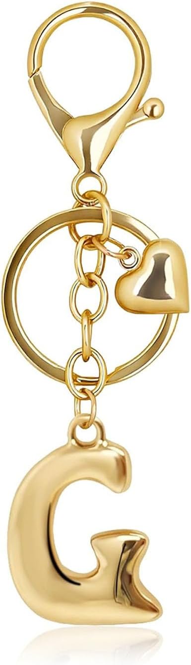 Gold Bubble Letter Keychain with Heart Charm, Cute Initial Bag Charms for Women, Hanging Purse Charm for Handbags