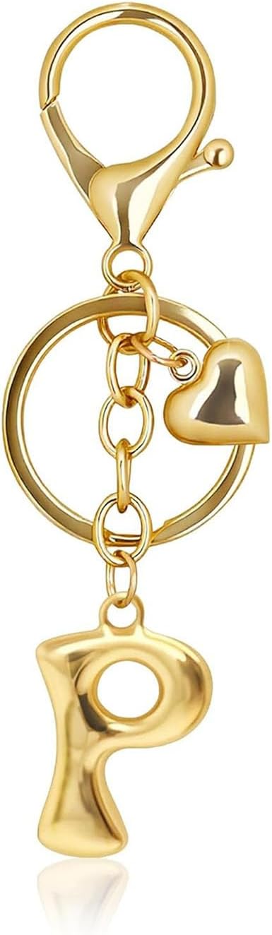Gold Bubble Letter Keychain with Heart Charm, Cute Initial Bag Charms for Women, Hanging Purse Charm for Handbags