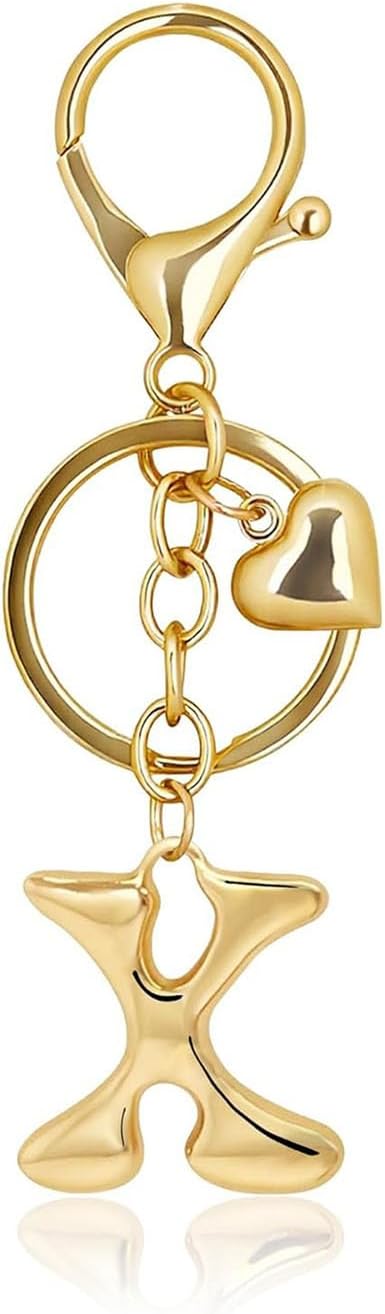 Gold Bubble Letter Keychain with Heart Charm, Cute Initial Bag Charms for Women, Hanging Purse Charm for Handbags