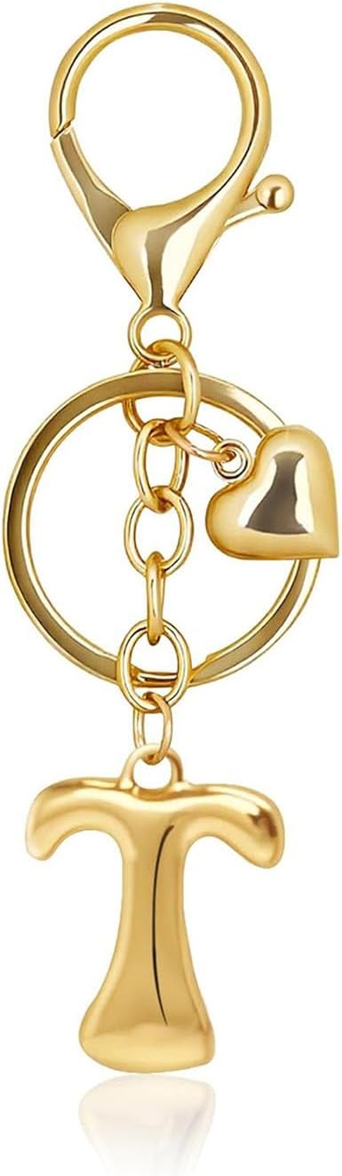 Gold Bubble Letter Keychain with Heart Charm, Cute Initial Bag Charms for Women, Hanging Purse Charm for Handbags
