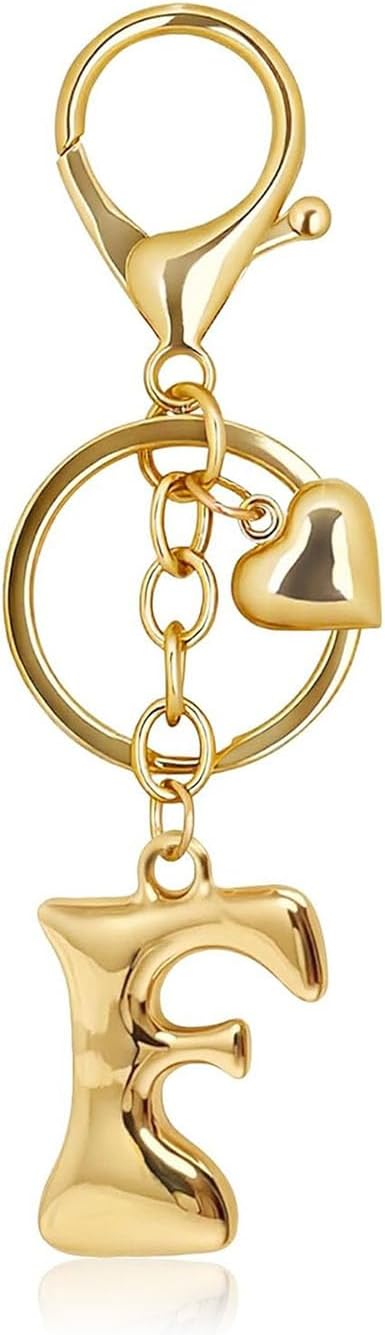 Gold Bubble Letter Keychain with Heart Charm, Cute Initial Bag Charms for Women, Hanging Purse Charm for Handbags