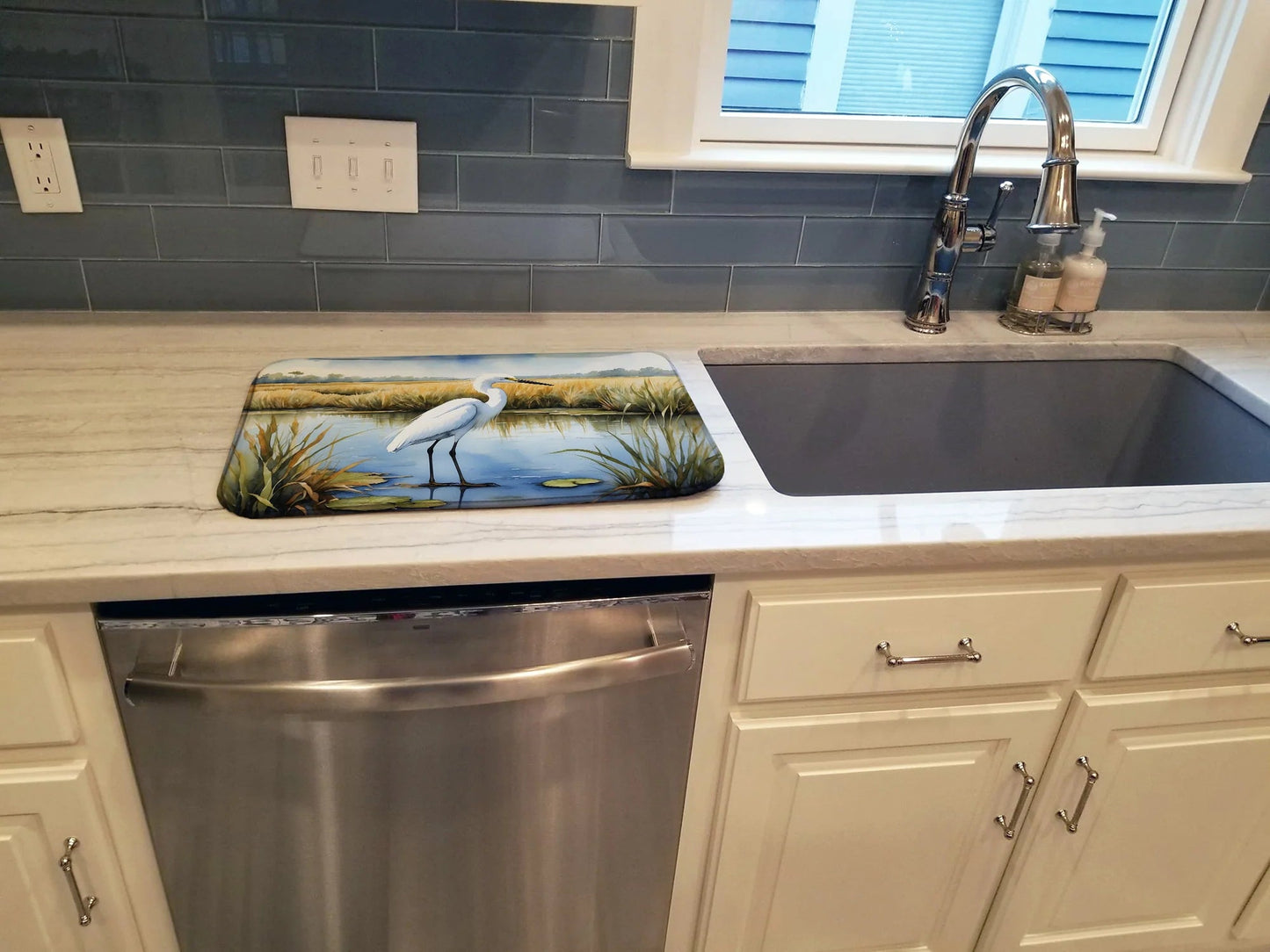 Snowy Egret Coastal Dish Drying Mat – Beach House Kitchen Counter Drying Pad