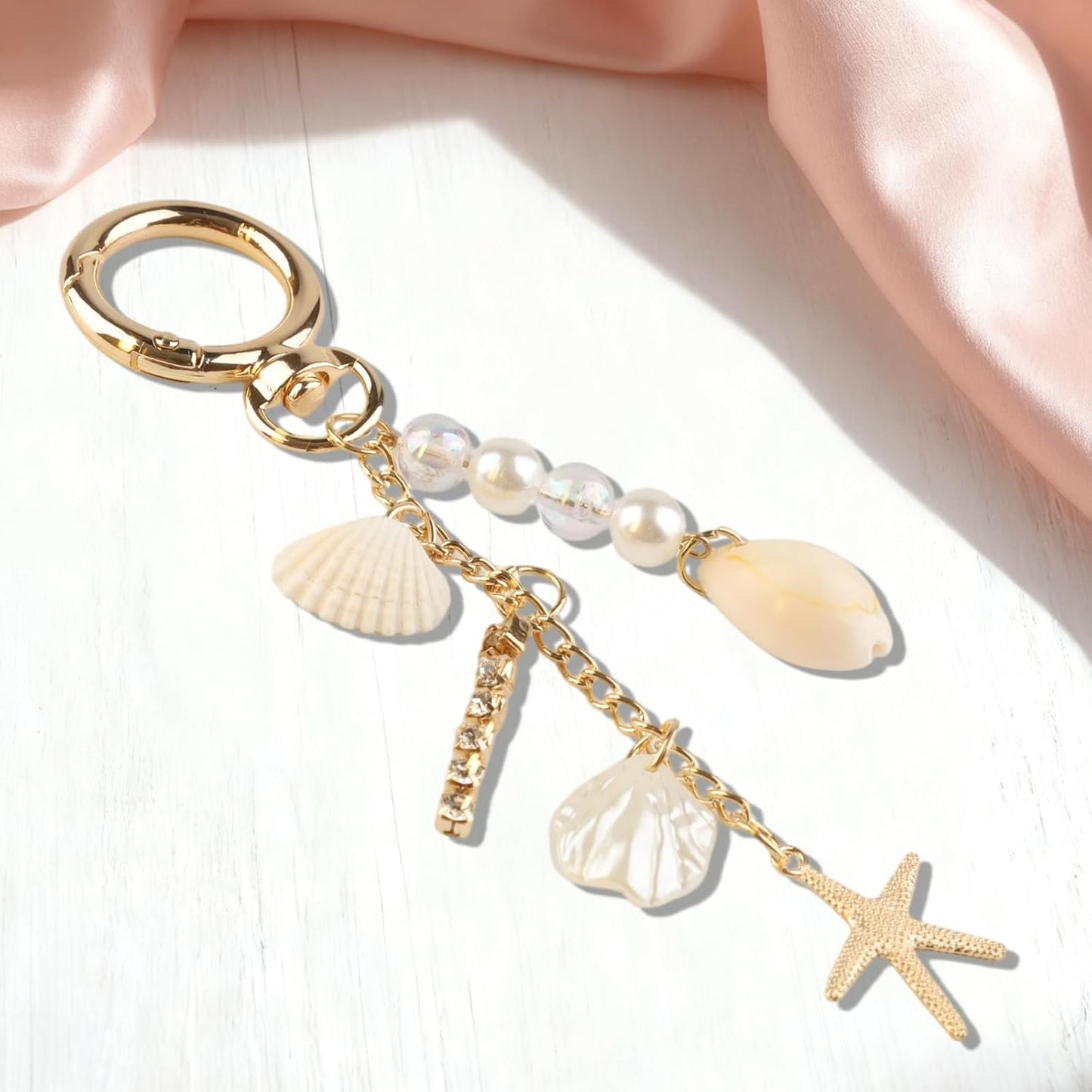 Gold Cute Keychains, Starfish Pearl Seashell Keychain Purse Backpack Charm Bag Handbags Charms for Women