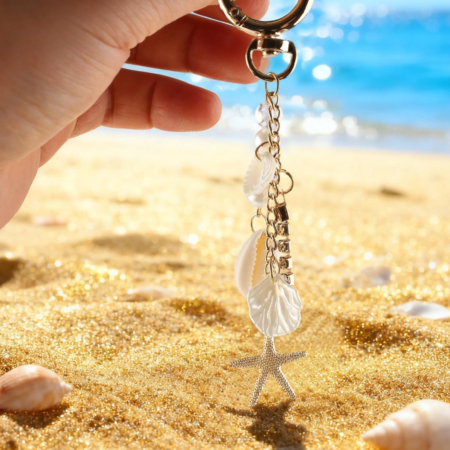 Gold Cute Keychains, Starfish Pearl Seashell Keychain Purse Backpack Charm Bag Handbags Charms for Women