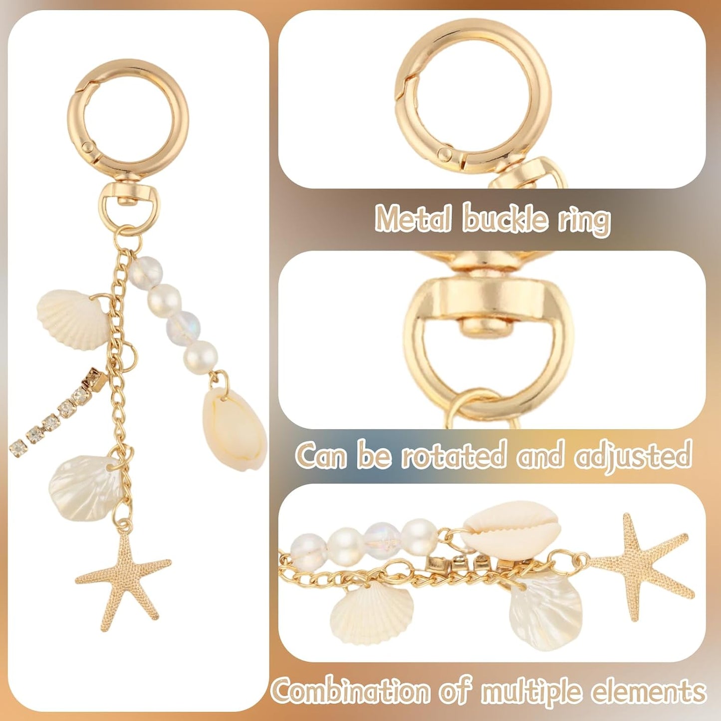 Gold Cute Keychains, Starfish Pearl Seashell Keychain Purse Backpack Charm Bag Handbags Charms for Women