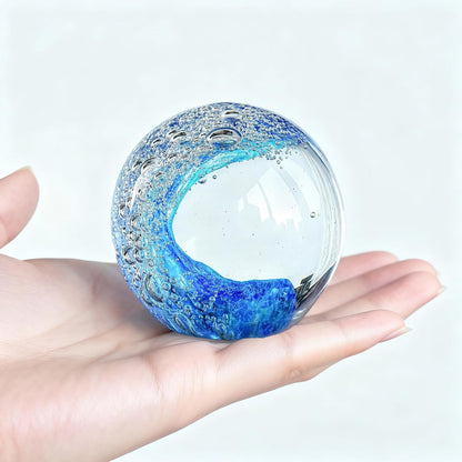 Hand Blown Ocean Wave Crystal Ball – Coastal Glass Beach Decor Sphere
