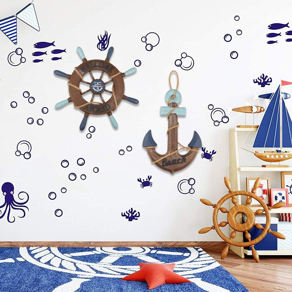 Nautical Ship Wheel & Anchor Wall Decor Set | Coastal Beach Wall Art