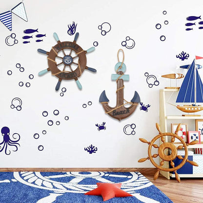 Nautical Ship Wheel & Anchor Wall Decor Set | Coastal Beach Wall Art