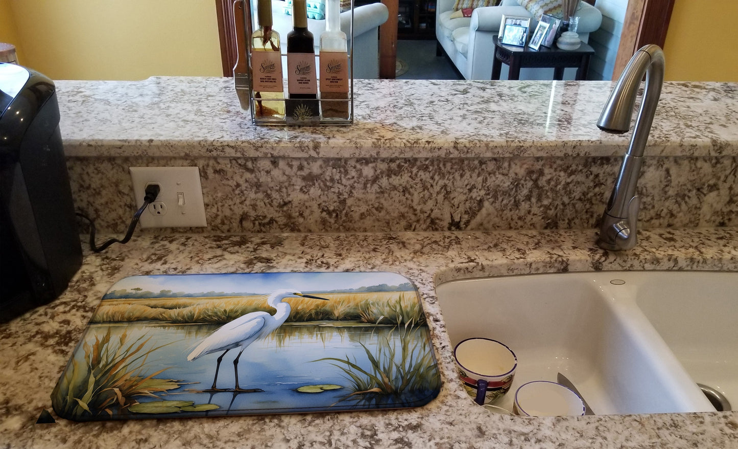 Snowy Egret Coastal Dish Drying Mat – Beach House Kitchen Counter Drying Pad