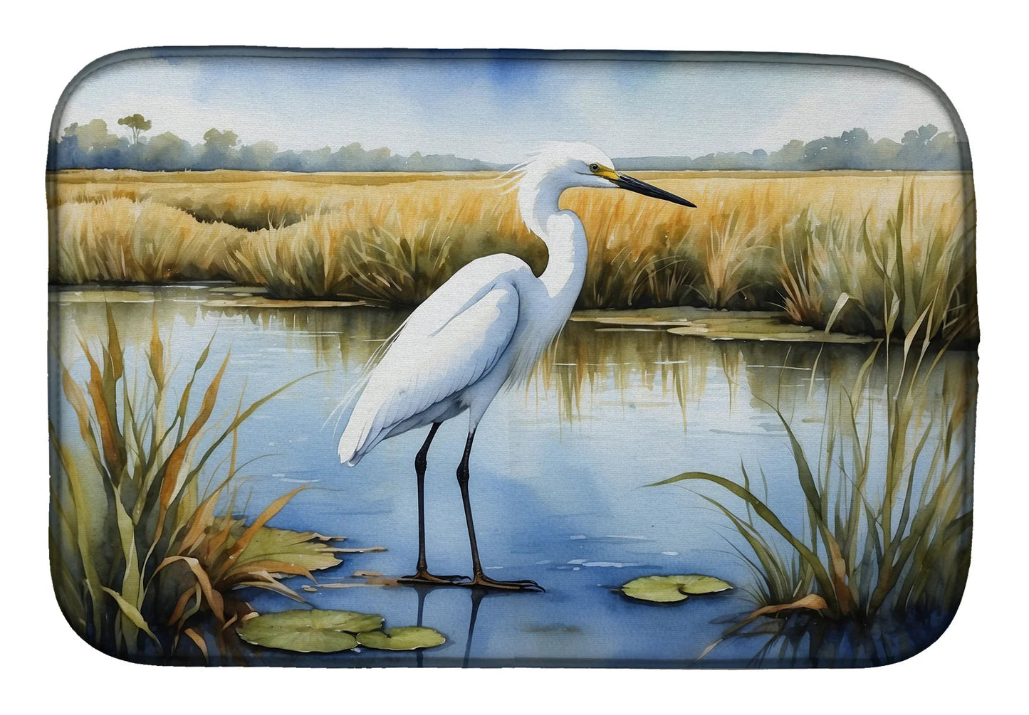 Snowy Egret Coastal Dish Drying Mat – Beach House Kitchen Counter Drying Pad