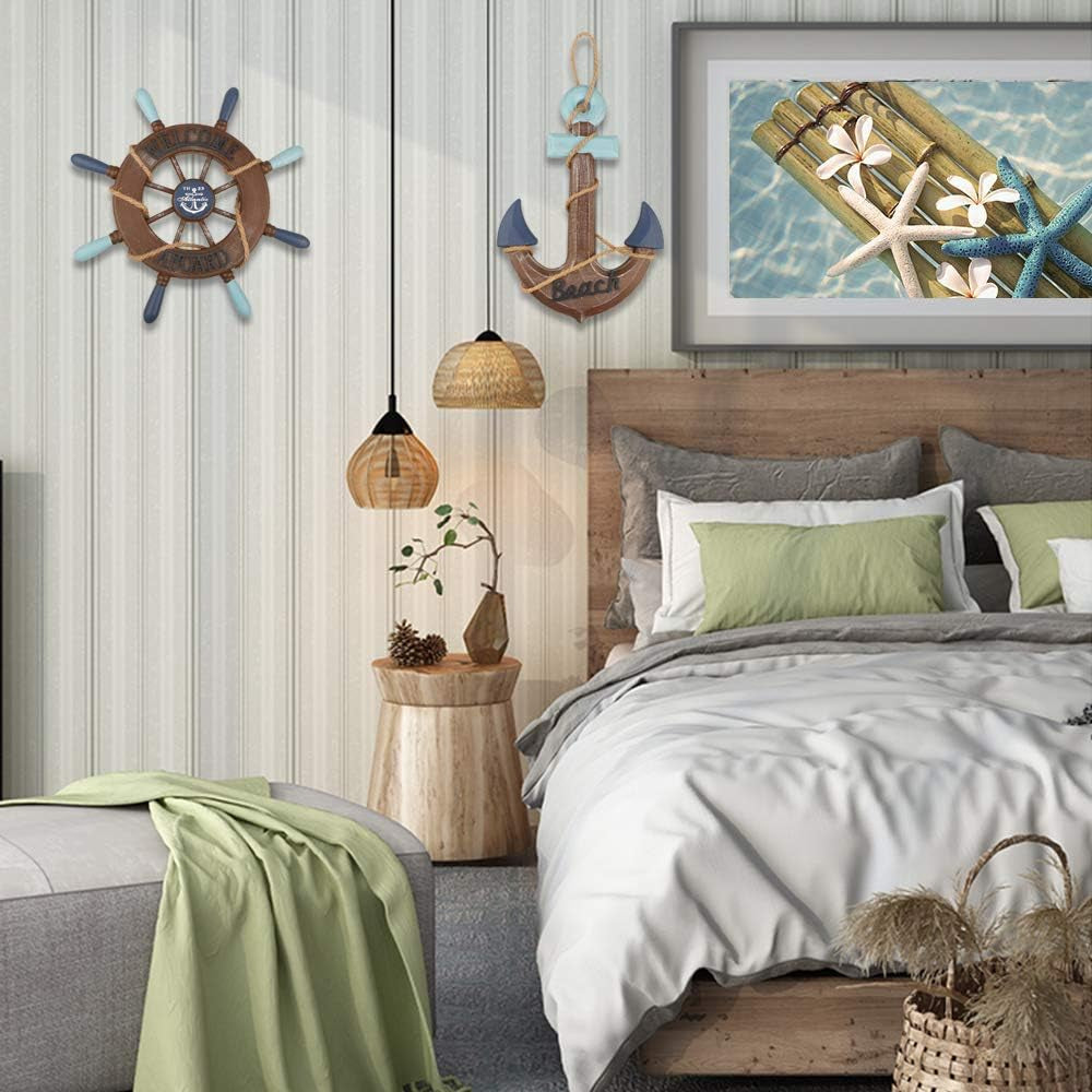 Nautical Ship Wheel & Anchor Wall Decor Set | Coastal Beach Wall Art