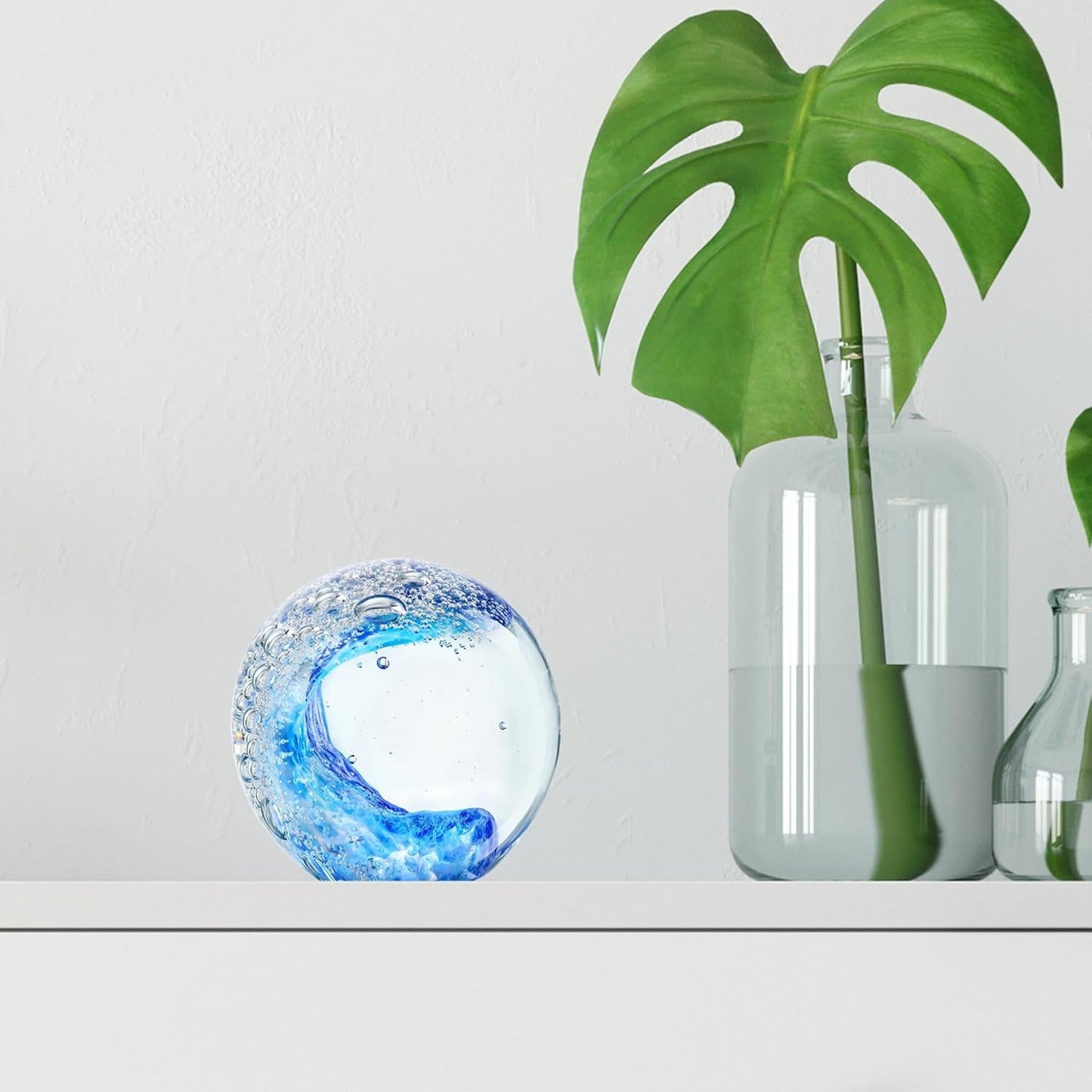 Hand Blown Ocean Wave Crystal Ball – Coastal Glass Beach Decor Sphere