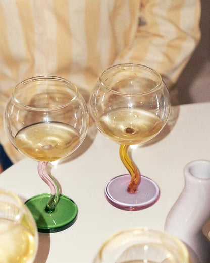 Handblown Bubble Wine Glass - Retro Whimsical Eclectic Wavy Stemmed