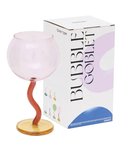 Handblown Bubble Wine Glass - Retro Whimsical Eclectic Wavy Stemmed